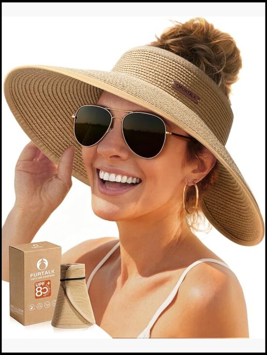 Wide Brim Straw Visor Sun Hat Packable Foldable UPF Protection Beach Vacation main image 5